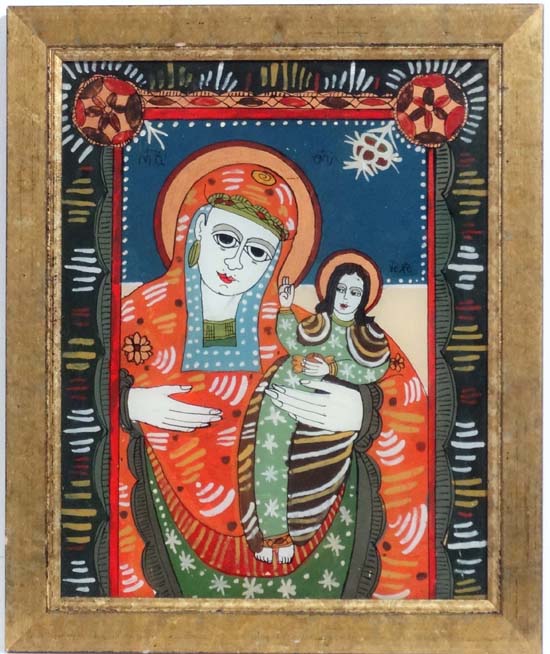 Unusual Reverse Glass  Icon,
' Mother of God with Christ',
Probably Serbian Folk Art after the