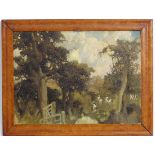 C. 1920 English School,
Oil on canvas laid on board,
Cattle at the edge of a wood,
In a birdseye