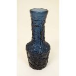 Retro Glass: A blue moulded studio art glass vase having textured bark finish with smooth panels.