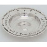 A silver dish of Armada dish form. Hallmarked Sheffield 1995 maker Elkington & Co and engraved '