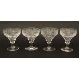 A set of 4 19thC pedestal barley wine glasses with etched fruiting vine decoration to rim. Approx