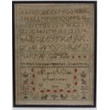 Sampler: ' Mary A Ough Aged 11 1864 ' includes crowns, stags dogs etc. 16 1/4 x 12 1/2" CONDITION: