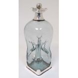 An unusual pinch waisted Victorian aqua glass spirit decanter with silver mount , collar and stopper