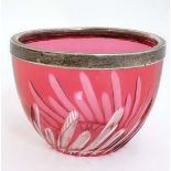 A cranberry glass bowl with flash cut clear decoration and silver rim hallmarked 1901 maker Mark