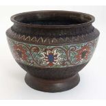 Cloisonné : An Oriental patinated brass jardiniere with banded Cloisonne decoration. Approx 9 1.2"