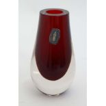 A Whitefrairs red and clear glass tear drop vase, designed by Geoffrey Baxter 4 3/4" high