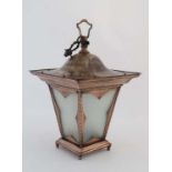 Manner of WAS Benson ; An Arts and Crafts coppered brass pendant hanging lantern of tapering squared