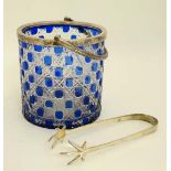 An early 20thC blue and clear glass( in the Bohemian style )  hobnail cut  ice bucket  with silver