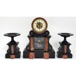 French ' Notaire '  Clock and Garnitures :  a circa 1900 black slate cased with Breccia Pernice type