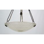 An Art Deco light with moulded frosted glass pendant light shade the three hanging supports with