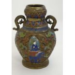 Cloisonné : A Japanese brass shaped vase of baluster form with Cloisonne decoration depicting a