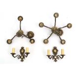 A pendant 5 branch chandelier together with a 3 branch chandelier and 2 twin branch wall lights