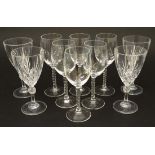 Pedestal glasses : A set of 6 glasses with cut barley ear decoration and twist stems 6" high ,