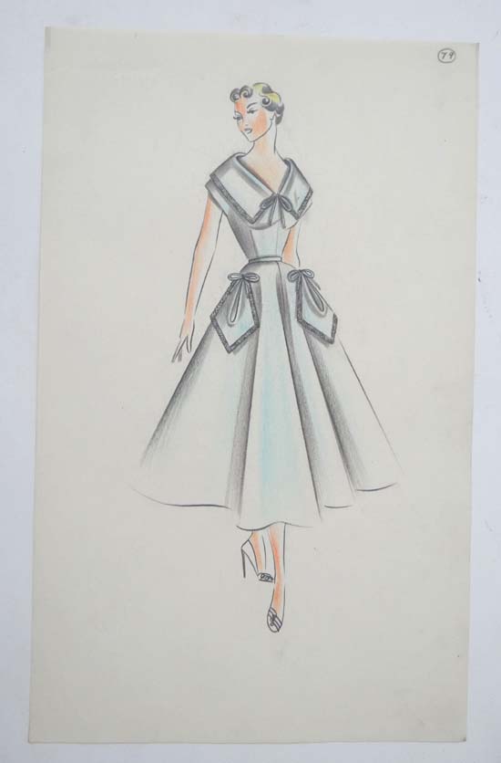 Fashion Designs,
Miss M Landman circa 1954 vintage Zara Fashion Designs,
Pencils on paper,
Dress '