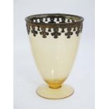 A late 20thC  Amber glass pedestal vase with brass embossed rim 8 3/8" high  CONDITION: Please