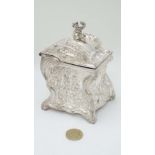 A late 20thC silver plate Chinoiserie inspired tea caddy with hinged lid 5 1/2" high  CONDITION: