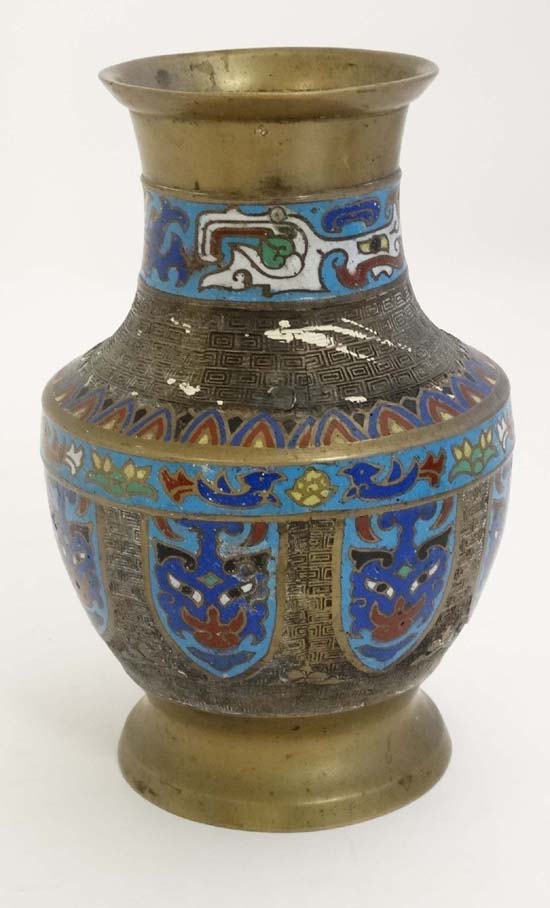 Cloisonné : An Japanese brass vase of baluster form with Cloisonne mask and shield decoration to - Image 3 of 4
