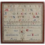 Sampler : a XIX coloured needlework depicting a dog and a bird in a tree , alphabet and verse from