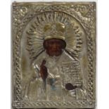 19thC Russian Metal Icon,
Turquoise decorated silvered brass squared relief,
Saint Nicolas of