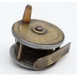 Fishing : A late 19thC brass and alloy 2 1/4" trout fly reel with turned bone handle CONDITION: