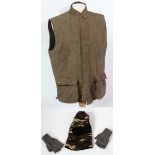 Bonart brown and beige herringbone tweed gillet, size XL 44-46 with camo hat and knitted