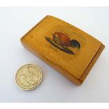A boxwood snuff box with risqué cockerel and hen image to top and titled 'Gratis'  . 2 ½" x ½" x 1½"