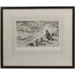Henry Wilkinson (1921-2011),
Hand coloured engraving , 39/ 75,
Landing a Trout in a river,
Signed
