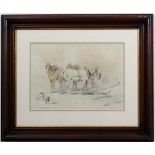XIX Country Vista,
Pencil and watercolour,
Three heavy working horses in a farm yard,
Aperture 10