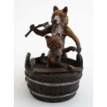 After Bergmann a late 20 th Cold Painted bronze of a Wolf , coopered bath tub and pup , 4 1/4"