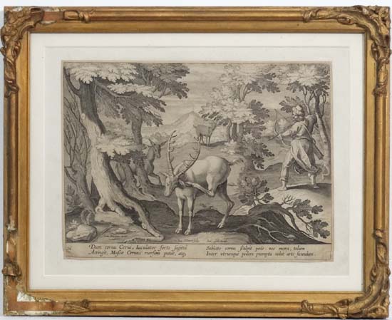 After Johannes Stradanus (1523-1605), 
Monochrome copper engraving by Collaert depicting a deer hunt