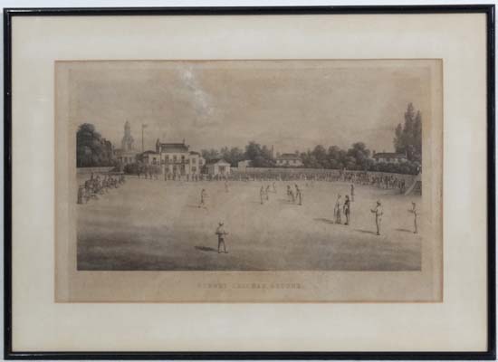 C Rosenberg XIX,
Engraving,
' Surrey Cricket Ground ' showing figures in top hats, many playing,