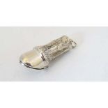 A novelty white metal vesta case formed as horse hoof and lower leg. With striker detail to back and