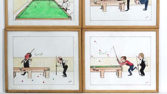 Snooker:
C Fisher late XX,
6 Snooker cartoons of players,
Tony Knowles, 
Steve Davis and Dennis - Image 3 of 5