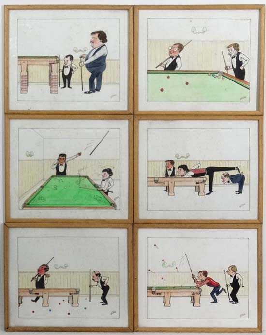 Snooker:
C Fisher late XX,
6 Snooker cartoons of players,
Tony Knowles, 
Steve Davis and Dennis