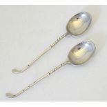 Golf : A pair of silver coffee spoons with handles formed as golf clubs. Hallmarked Birmingham