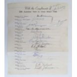 Cricket : official autograph sheet of the 1948 Australia Cricket team that toured Great Britain also