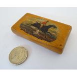 A Box wood snuff box with hunting scene depicting Huntsman on horseback to top. The whole  2 ¾” x