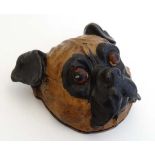 A late 20 th C Cold Painted Bronze stamp box in the form of a hinged Pug Dog head. 2 3/4" wide