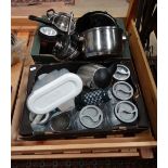 Assorted kitchenalia to include Russel Hobbs kettle, electric slow cooker and assorted saucepans