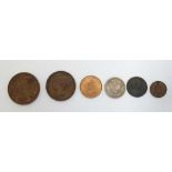 A collection of six coins to include a 1923 George V Half Penny (lusterous), 1855 Victoria penny, an