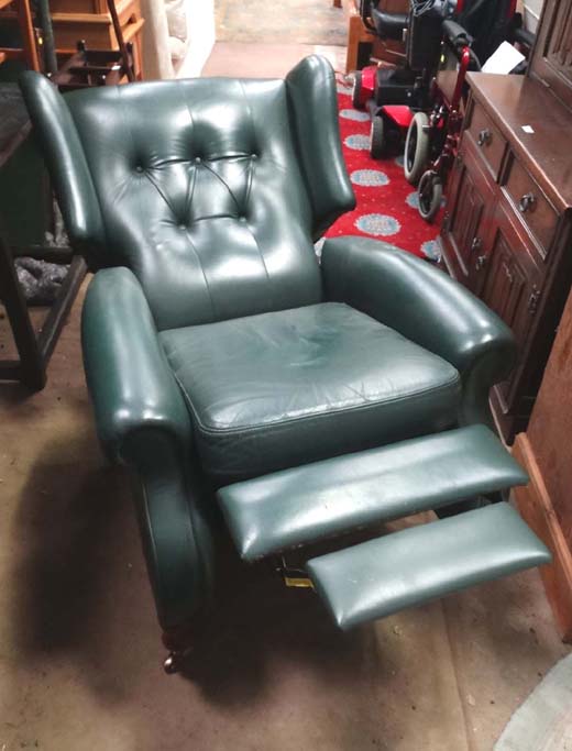 Green faux leather button-back reclining armchair CONDITION: Please Note -  we do not make reference - Image 2 of 2