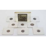 8 various Roman coins together with perspex paperweight containing a Postal Union congress London