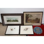 Four framed prints consisting of a 19thC engraving “Partridge Shooting near Windsor” by R Havell,