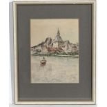 Jean Cambresier Belgium  (1856-1928),
Hand coloured etching,
Figure in a boat next to Low