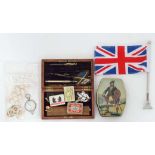 Assorted items including military buttons, box, badges, flag etc  CONDITION: Please Note -  we do