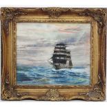 H Fenwick Coates XX Marine School,
Watercolour,
Three masted sailing ship at sea,
Signed lower left,