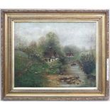 Late XIX English School,
Oil on canvas,
Cottages, sheep etc. Besides a stream,
Indistinctly signed