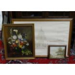 3 pictures to include : Elizabeth Meer, still life, signed together with a 
A framed architectural