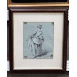 (XVII / XIX) English School,
Pen ink watercolour and gouache ,
Rear view of a lady ,
Unsigned, on