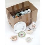 A box of assorted ceramics, creamers, teapots, cups , candlesticks and jugs to include examples by